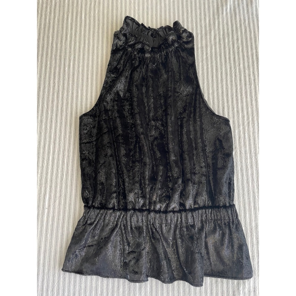 Ramy Brook Lonny Metallic Black Velvet Halter Top Smocked Peplum Blouse NWT M